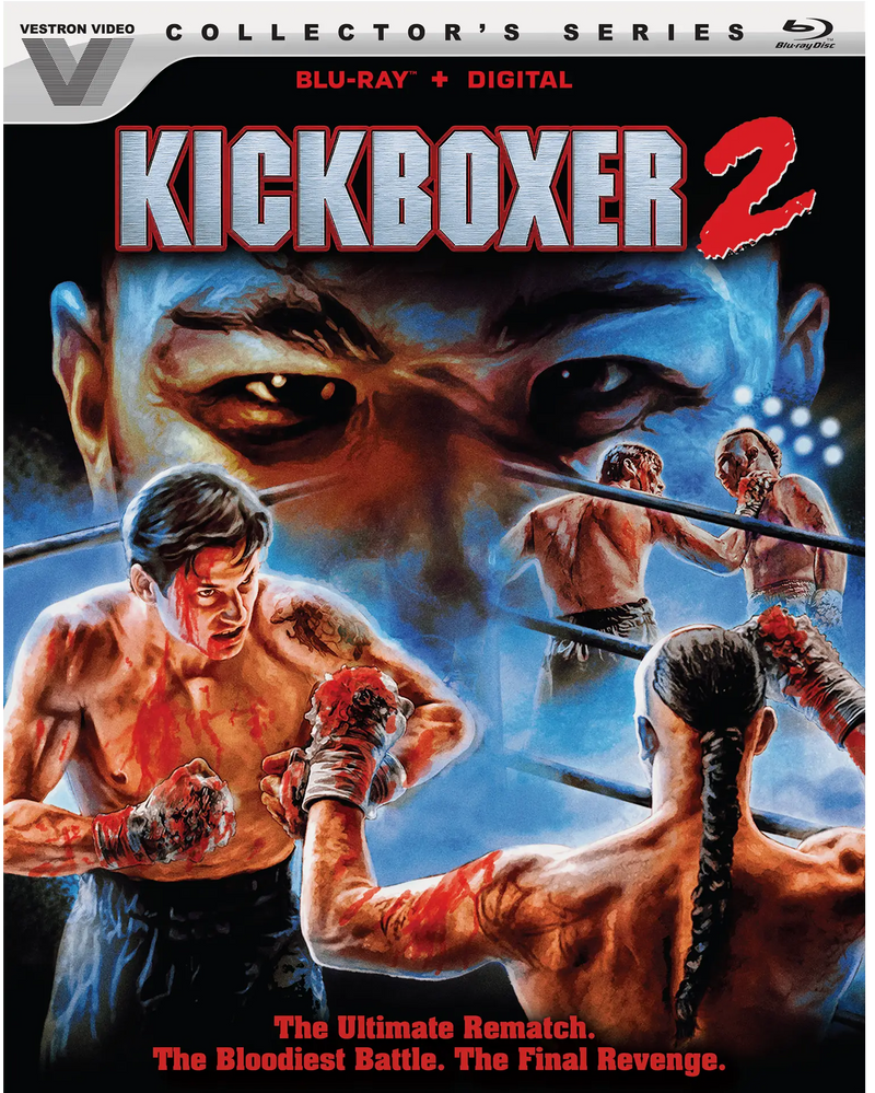 Front cover of the Vestron Video Collector's Series Blu-ray of the movie Kickboxer 2, featuring illustrated boxing fighters and a large face in the background on a dark blue and black design.