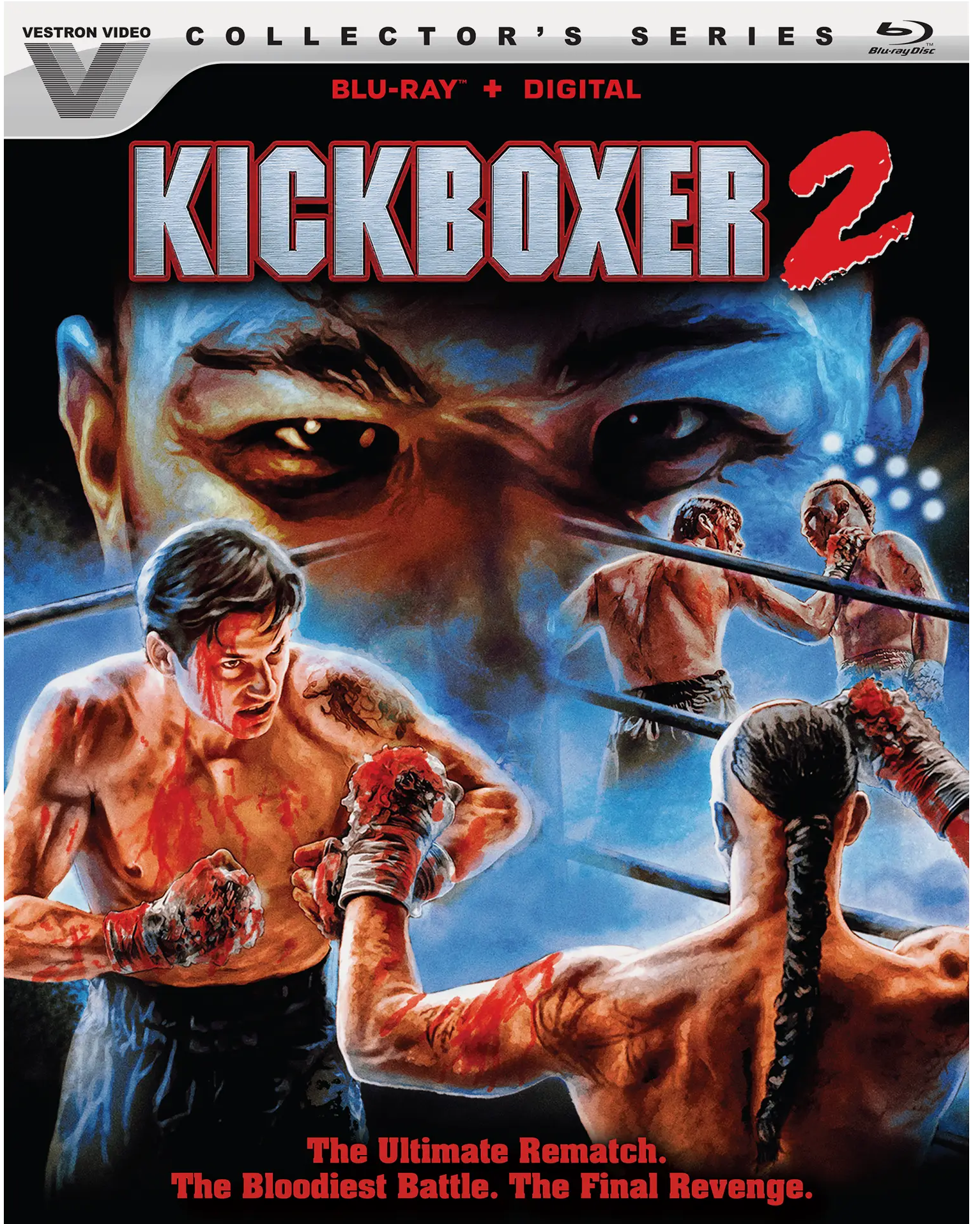 Front cover of the Vestron Video Collector's Series Blu-ray of the movie Kickboxer 2, featuring illustrated boxing fighters and a large face in the background on a dark blue and black design.